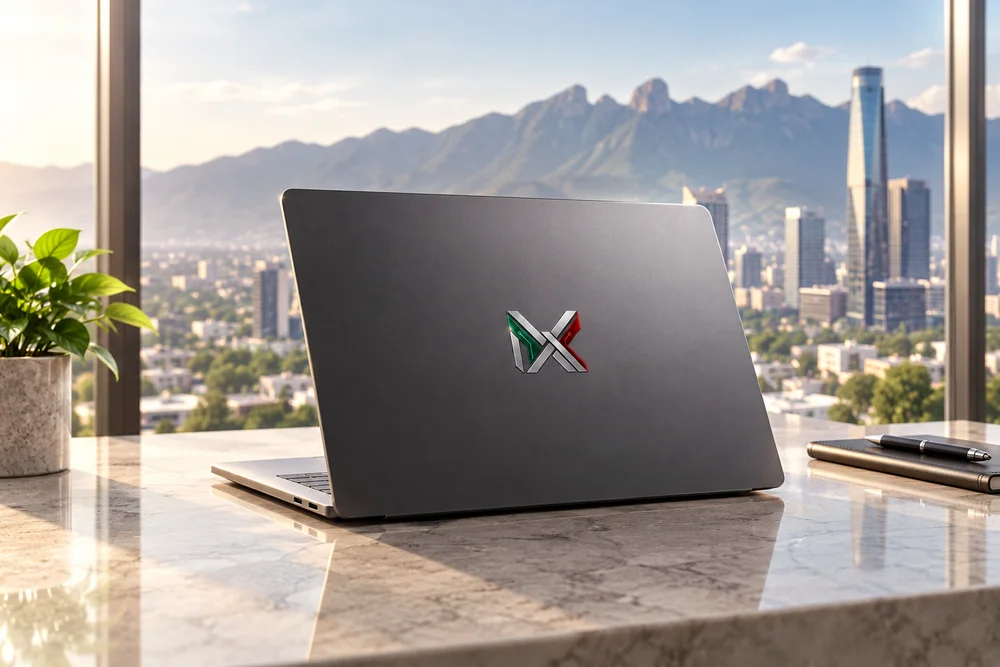 Laptop MEXTEK en un espacio de trabajo frente a las montañas de México